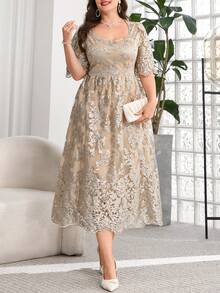 SHEIN Clasi Đầm ngắn tay thanh lịch bằng vải lưới jacquard cỡ lớn dành cho nữ. - Màu be - Xem 8
