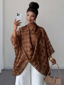 Maweii Plus Size Summer Retro Elegant Plaid Mesh Ruffled Collar Blouse - Brown - View 6