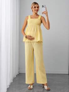 Momance 2pcs Maternity Set, Ruffled Camisole Top Paired With Flowy Wide-Leg Pants, Comfortable Versatile, Gentle Elegant Style Suitable For Pregnancy Daily - Yellow - View 9