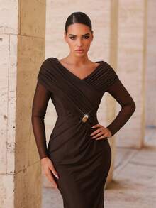 Aureia Elegant Formal Brown Spring Evening Wedding Mesh Patchwork Off Shoulder Ruffle Long Sleeve Sheer Maxi Dress With Back Slit - Coffee Brown - View 2