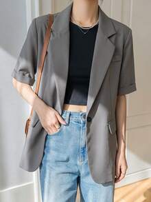 DAZY Women's Solid Color Notched Collar Casual Versatile Commuting Blazer - Light Grey - View 2