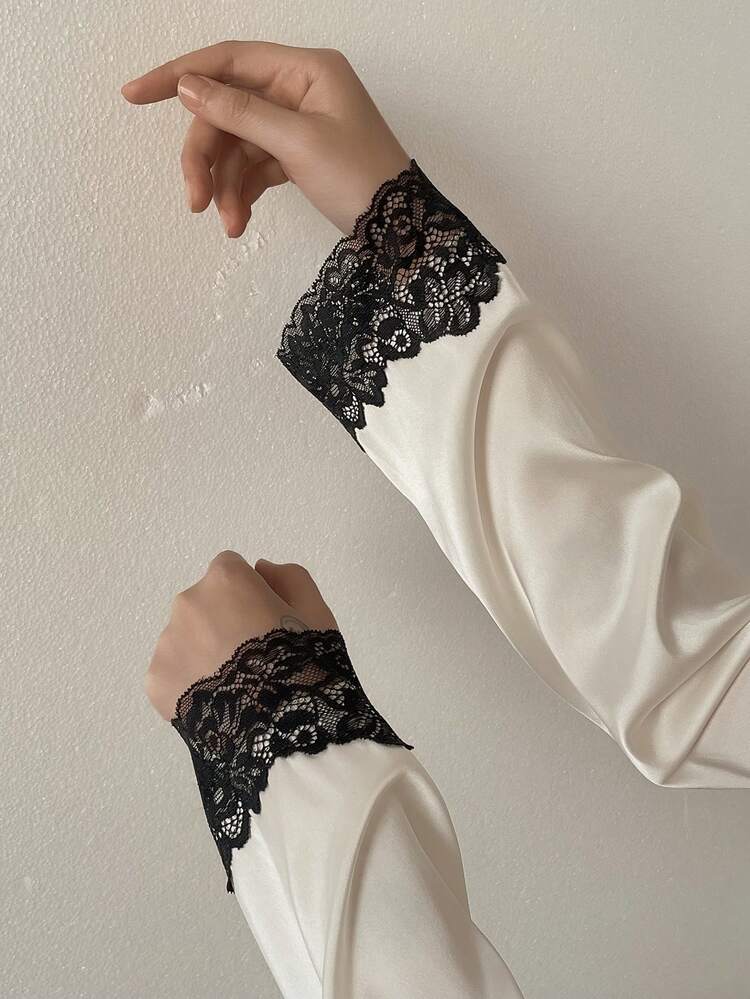Women's Contrast Color Lace Trim Top And Pants Pajama Set