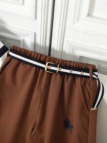 SHEIN Tween BoysCasual Commute Geometric Line Pattern Print Short Sleeve Shirt & Long Pants 2pcs Set - Brown - View 3
