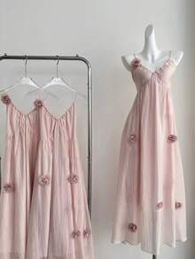 DreamSkyne Plus Size Chiffon Ruched Elegant 3D Floral V-Neck Cami A-Line Dress - Pink - View 1