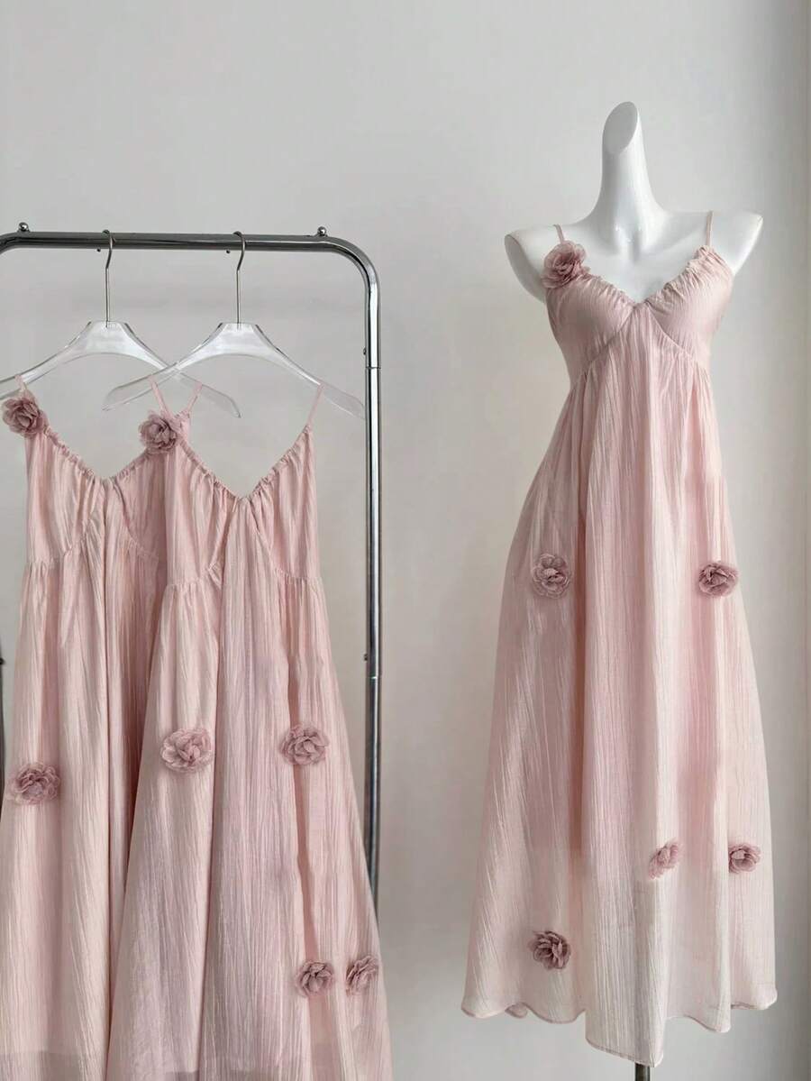 DreamSkyne Plus Size Chiffon Ruched Elegant 3D Floral V-Neck Cami A-Line Dress - Pink - View 1