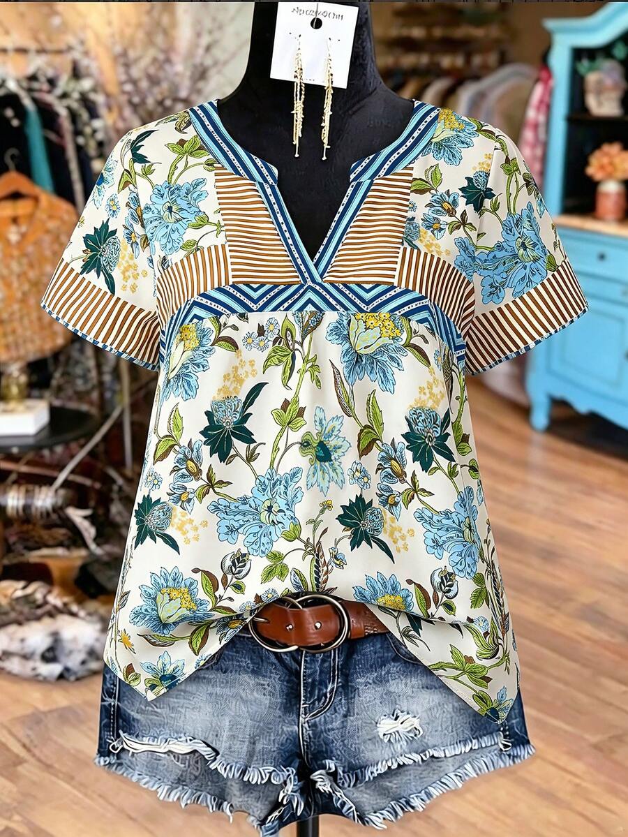 Linhara Plus Size Women's Brown Summer Boho Floral PrintStriped V-Neck Short Sleeve Casual Shirt, Vacation Holiday Bohemian Style Top, Retro Fashion Blouse - Multicolor - View 1