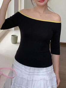 Dazy Plus Plus Size Women's Summer Casual Daily Commute Contrast Trim Off-Shoulder 3/4 Sleeve Fitted T-Shirt - Black - View 4
