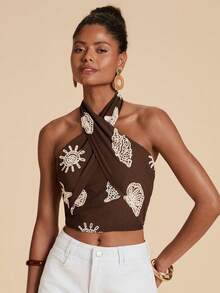 Travachic Women's Vacation Textured Criss-Cross Halter Top - Coffee Brown - View 6