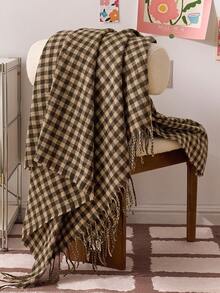 1pc Small Square Checkered Woven Sofa Blanket, Casual Style Polyester Rectangular Tassel Throw For Nap Or Daily Use At Office - Brown - View 8