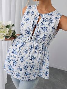 SHEIN Top de tirantes de maternidad cómodo, con cuello redondo, cordón ajustable y dobladillo con volantes, versátil y elegante de moda - Azul y blanco - Ver 5