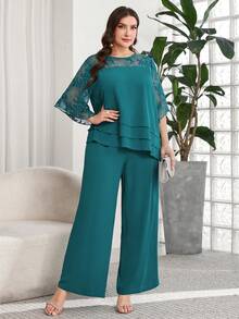 Reflora Bộ đồ 2 mảnh thanh lịch dành cho nữ cỡ lớn, gồm áo tay lửng 3/4 và quần ống rộng, chất liệu lưới thêu họa tiết. - Màu xanh ngọc - Xem 7