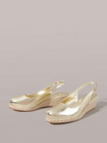 Styleloop Zapatos de tacón inclinado para mujer con suela gruesa, correa trasera de cuerda de cáñamo, impermeables, con detalle dorado, estilo elegante de vacaciones, cómodos, de ocio y playa, con suela de cuerda de cáñamo, estilo bohemio, sandalias tipo slingback sencillas para mujer - Dorado - Ver 2