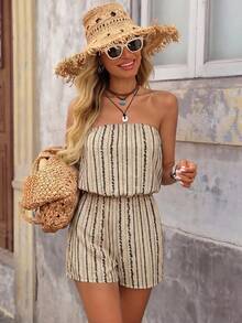 Brillora Đồ nữ đi làm, đi chơi, dự lễ hội âm nhạc, đi biển, nghỉ dưỡng, phong cách casual tối giản, boho thanh lịch lãng mạn retro, họa tiết in, jumpsuit quây ngang eo cho mùa hè - trắng - Xem 4