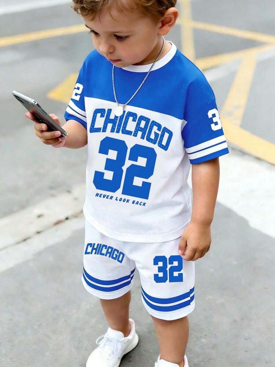 2pcs/Set Toddler Boys' Casual Creative Numeric 32, Chicago Star Striped Colorblock Letter Graphic Print Short Sleeve T-Shirt And Shorts Set, Comfortable Daily Wear, Suitable For Spring, Summer - Multicolor - View 1
