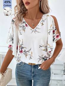 SHEIN Clasi 女款花卉印花開衩袖時尚襯衫，適合度假 - 彩色 - 查看 1