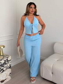 Maria Perezxox Conjunto de Pantalones Holgados de Pierna Ancha con Cuello Halter y Plisados de Tela Texturizada para Verano - Azul - Ver 5