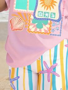 Tween Girls' Casual Shell Print Round Neck Short Sleeve T-Shirt And Shorts Set, Summer - Multicolor - View 3