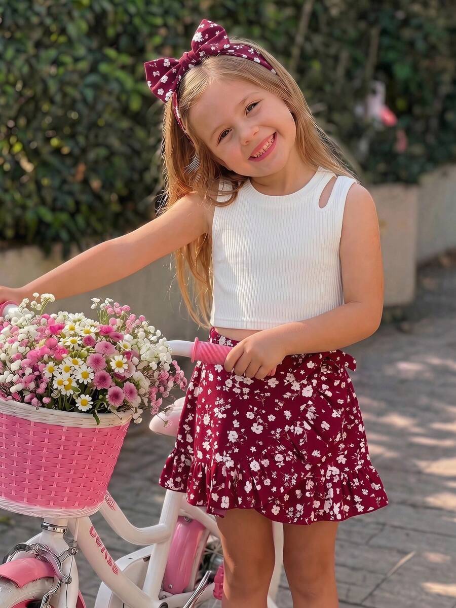 Emery Rose Kids Emery Rose Kids 女童红色碎花褶皱开衩中长裙,夏季休闲风,少女夏季穿搭,少女半身裙套装,青少年度假装,少女度假套装 - 紅色 - 查看 1