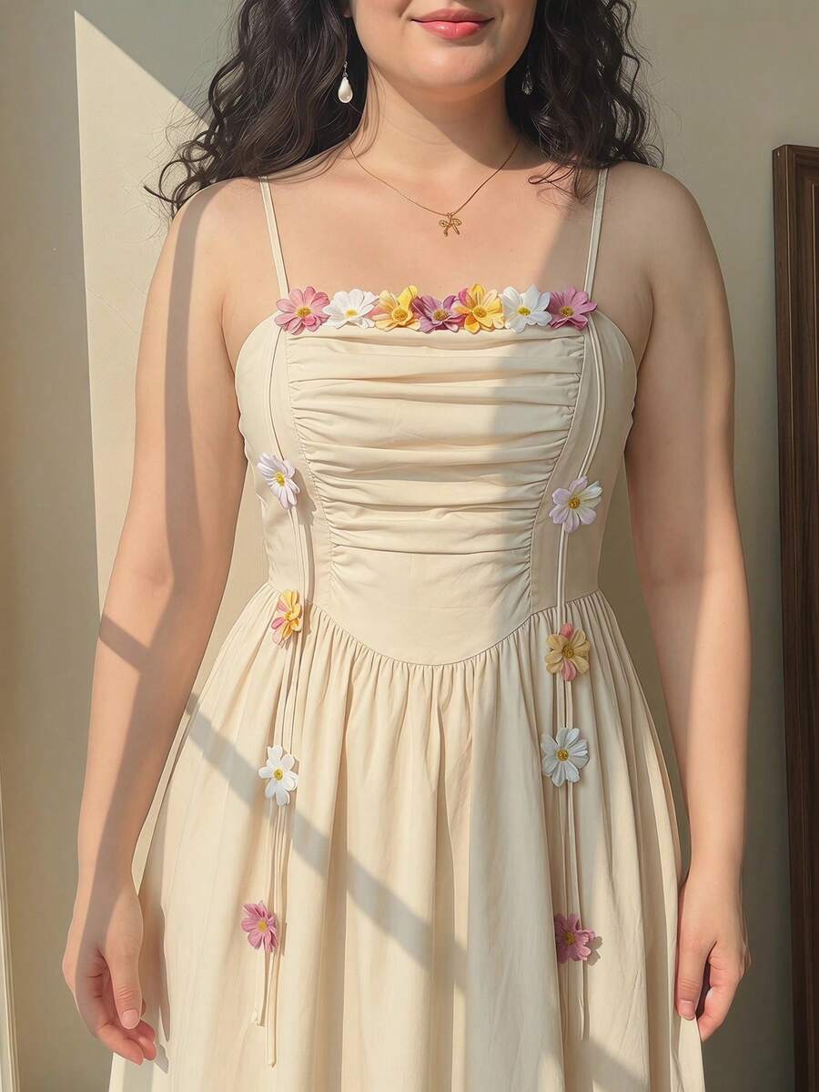 SHEIN MOD 大码女式花卉装饰流苏褶皱吊带裙