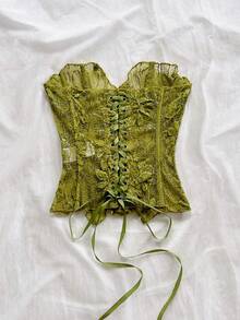 Soleia 歐美性感平口蕾絲雙層修身束腰上衣，鏤空刺繡，Ins風白色夜店女裝，適合外出、婚禮賓客，秋冬穿搭 - 綠色 - 查看 2