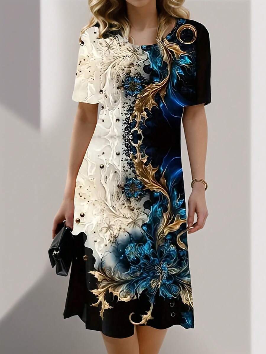 EMERY ROSE Vestido informal de mujer de manga corta con patrón de planta impresa y escote redondo para verano - Multicolor - Ver 1