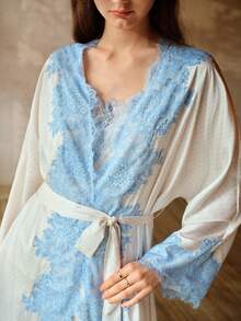 MOTF PREMIUM SPRING/SUMMER WOMEN'S POLKA DOT PRINT CONTRAST LACE WAIST TIE ROBE - Beige - View 4