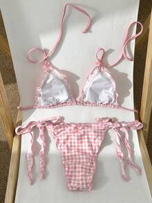 Swim Mod Bộ bikini nữ 2 món hot bán chạy 2026, phong cách retro lãng mạn thanh lịch trưởng thành quyến rũ, buộc eo nhún bên nâng ngực, họa tiết kẻ sọc đỏ trắng ngẫu nhiên, phong cách Bohemian đi biển và câu lạc bộ, xuân/hè - Hồng - Xem 2