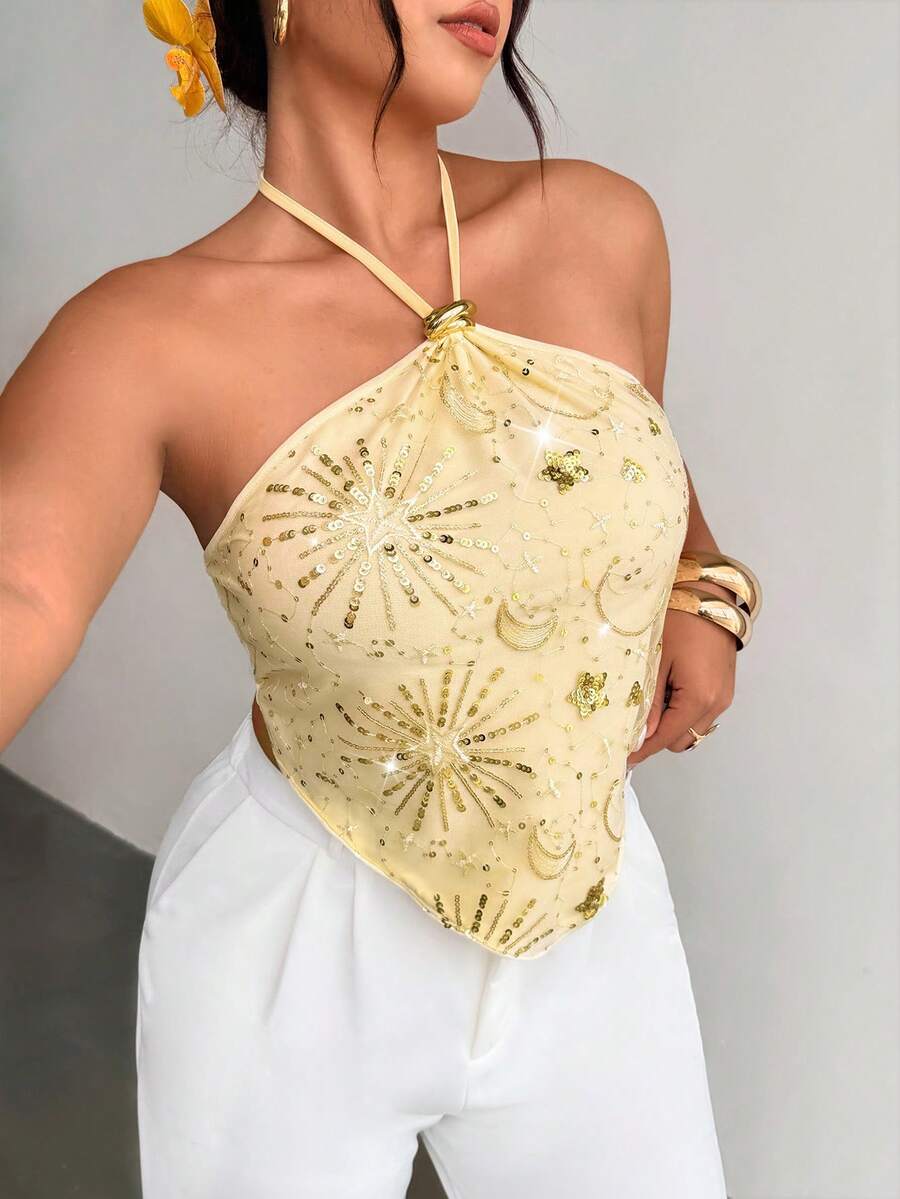 Firerie Sexy Fairy Backless Sequin Spaghetti Strap Tie-Up Top, Butter Yellow Summer, Women's Bow Tie, Metal Detail Asymmetric Hem Camisole, Spring Apparel