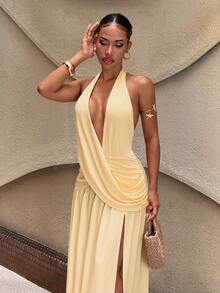 Slaydiva Elegant Deep V-Neck Halter-Neck Long A-Line Dress With High Slit. Perfect For Parties And Weddings-A - Yellow - View 4