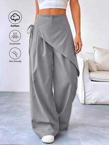 SHEIN Raffinéa Women's Fashion Lace-Up Asymmetrical Patchwork Button Casual Long Pants - Grey - View 1