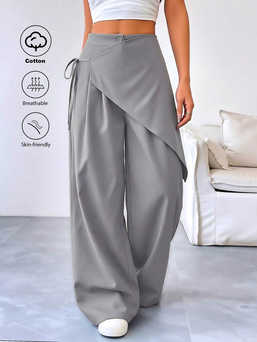 SHEIN Raffinéa Women's Fashion Lace-Up Asymmetrical Patchwork Button Casual Long Pants - Grey - View 1