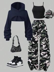 SHEIN Leap Crew 青少年女孩休閒日常短版紋理長袖衛衣，海軍藍 - 藏蓝色 - 查看 5
