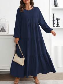 Vionelle Plus Size Women's Spring Summer Solid Round Neck Lantern Sleeve Ruffle Hem Loose Casual Dress Maxi Women Outfit Fall Cloth For Women - Navy Blue - View 8