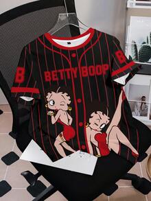 Betty Boop x SHEIN 女款字母條紋短袖休閒圓領T恤 - 白色 - 查看 3