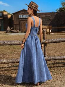 SHEIN Tall Đầm denim nữ không tay cài cúc phía trước, kiểu dáng thường ngày. - Màu xanh lam - Xem 3