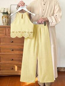 SHEIN 1pc Girls Sleeveless Top And Pants Set, Fashion Versatile Halter Neck Backless Design, Woven Fabric, Fitted Top + Relaxed Straight Leg Pants, Suitable For Outdoor Wear, Summer - Yellow - View 2