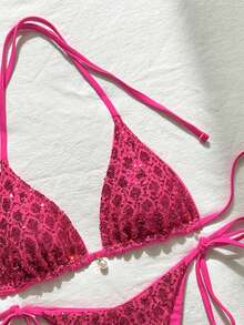 Costavie Swim Basics 2件式泳裝套裝，亮面紋理面料、珍珠裝飾、掛脖三角胸罩與側綁式泳褲，春夏季海灘度假性感比基尼套裝 - 玫紅色 - 查看 7