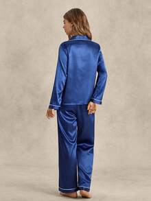 EverLounge Women Pajama Sets Kantong Contrast Binding Tombol Depan Plain - Royal Blue - View 2