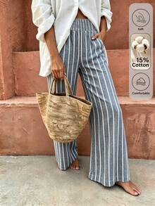 Flora Isola Flora Isola Standard Size Women's Waist Knot Design Blue White Stripe Fabric Pocket Casual Vacation Pants Vacation Autumn - Blue - View 5