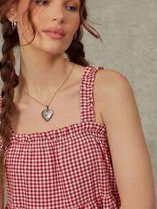 WESTFADE Vestido mini con volantes y volantes en el borde de cuadros BD13195S - Rojo y blanco - Ver 3