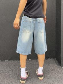 Manfinity Roughcore Men's Distressed American Print Denim Shorts, Casual Street Style, Holiday - Light Wash - View 2