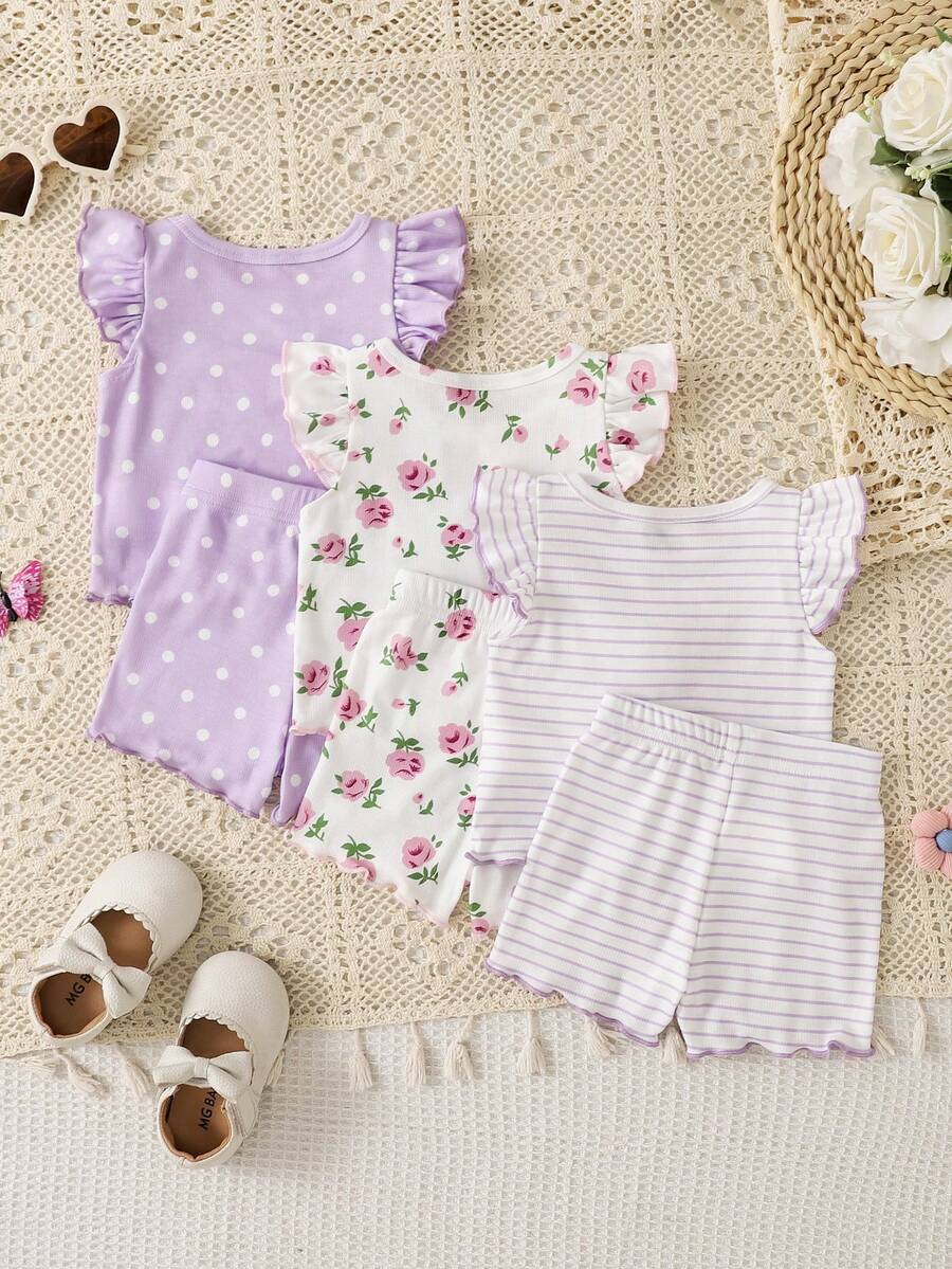 SHEIN Playful Pals 6pcs/Set Baby Girl Round Neck Multi-Color Combination Ruffle Flutter Sleeve Top & Elastic Waist Ruffle Hem Shorts Set, Comfortable Casual Cute Spring Summer Autumn New Style - Multicolor - View 1