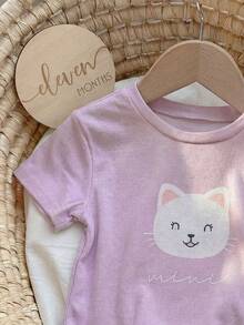 SHEIN 两件套女婴可爱猫咪图案圆领长袖长裤柔软舒适亲肤睡衣套装 - 紫色 - 查看 5