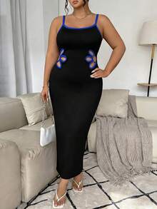 Elenzga Plus Size Elegant Fitted Color Block Dress - Royal Blue - View 4