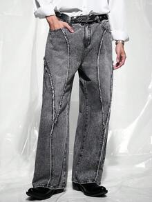 IRON GLYPH Men's Street Fashion Distressed Patchwork Vintage Washed Wide Leg Pants - Light Grey - View 1
