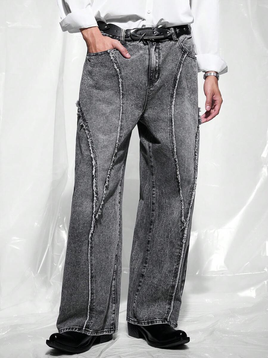 IRON GLYPH Men's Street Fashion Distressed Patchwork Vintage Washed Wide Leg Pants - Light Grey - View 1