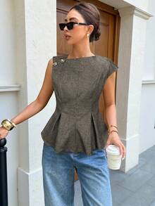 Siren Gaze Spring/Summer New Metal Buckle Decor Sleeveless Blouse For Women - Brown - View 5