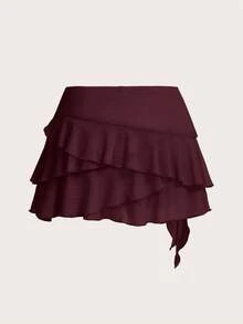 SHEIN ICON Women's Multi-Layer Ruffle Trim Low Rise Y2K Mini Black Skirt - Maroon - View 2