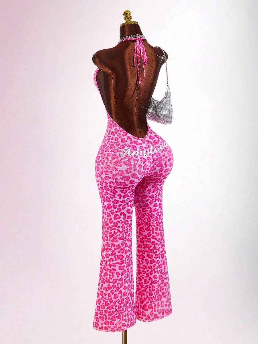 Amplova New Colorful Leopard Print V-Neck Tight Fitted Sheer Jumpsuit For Women, Summer - Hot Pink - View 1