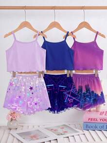 SHEIN [Randomly Sent 1 Set]Girls' Summer Fashion Cool K-Pop Girl Group Pattern Positioned Print Camisole Paired With Girl Group Pattern All-Over Print Shorts With Ruffle Edge Design, Knit Fabric, Comfortable And Soft, 2-Piece Set, Loungewear Pajamas Suitable For Home And Outings, Versatile - Multicolor - View 2